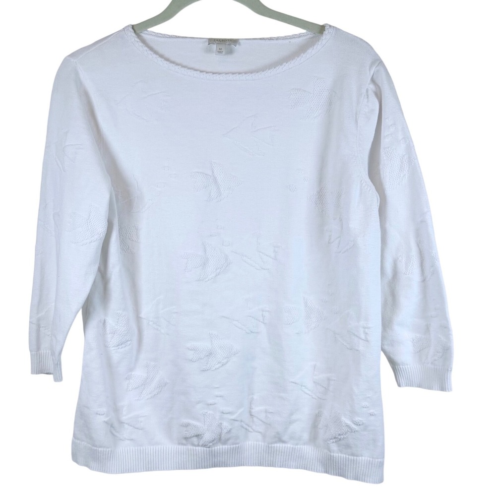 Talbots White Cotton Textured Fish‎ Knit Sweater 3/4 Sleeve M coastal nautical